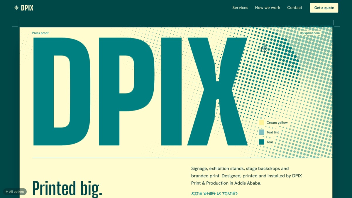 Option 1 preview: a cream press sheet with a giant teal DPIX